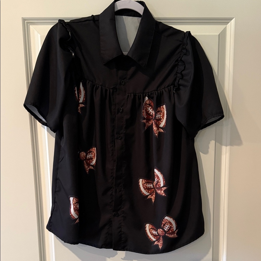 Black Short Sleeve Blouse with Bow Accents